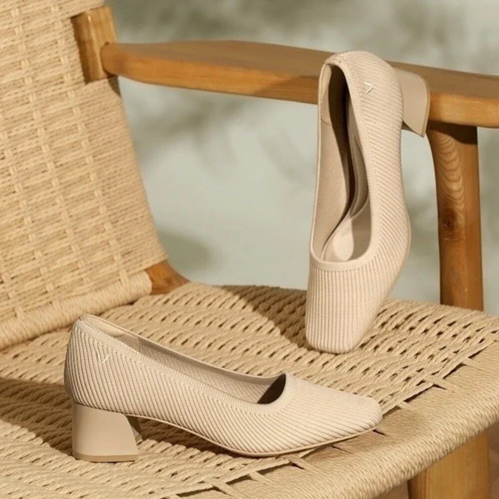 Vivaia Melody Square Toe Chunky Heels Old Money Knit Office Comfort Ivory 7